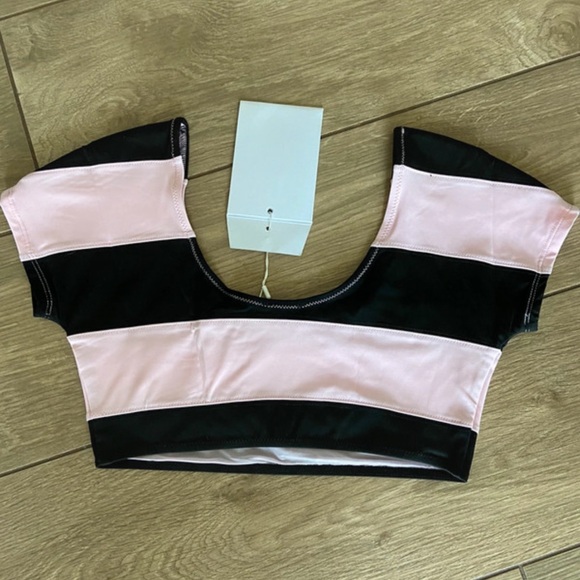 NWT CHANEL Pink&Black Striped Crop Top/bikini top size XS - Picture 2 of 11